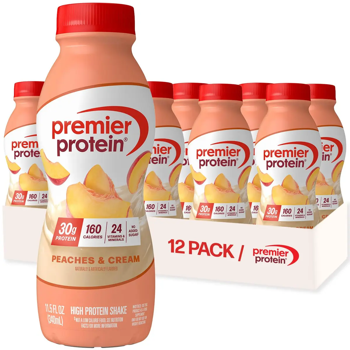 Premier Protein High Protein Shake, Peaches & Cream, 11.5 Fl Oz (Pack of 12) | 30g Protein Per Serving - main product image