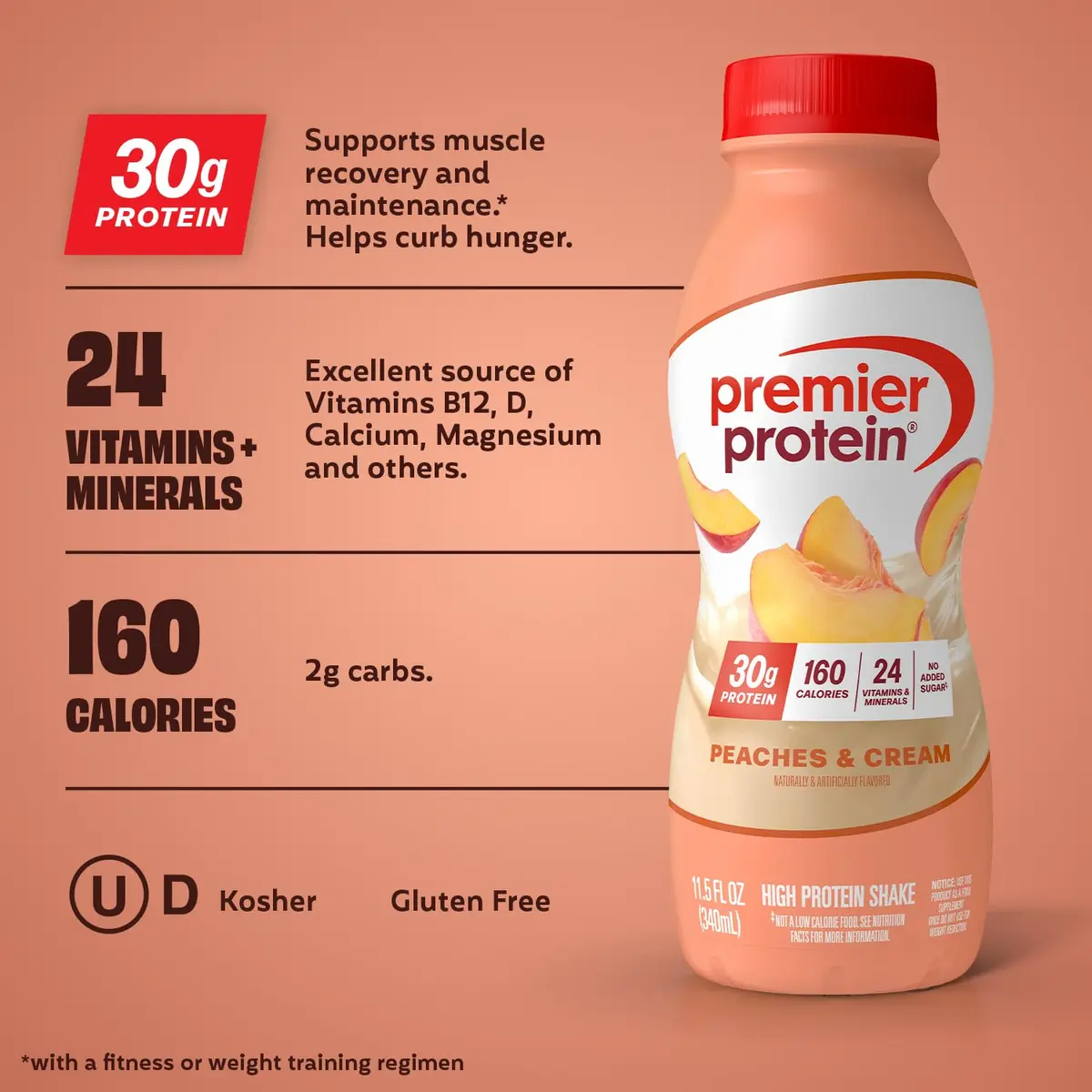 Premier Protein High Protein Shake, Peaches & Cream, 11.5 Fl Oz (Pack of 12) | 30g Protein Per Serving - view 2
