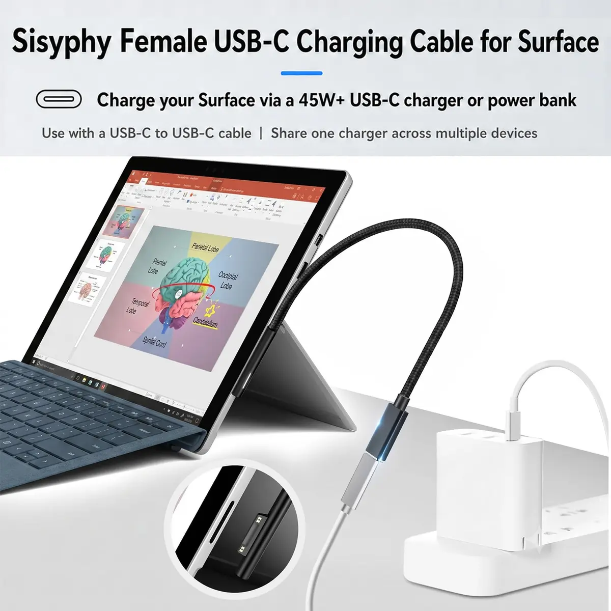 Sisyphy Surface Connect to USB-C Charging Cable 20cm (8in) Nylon | 45W PD Fast Charging for Surface Pro, Laptop, Go, Book - view 2