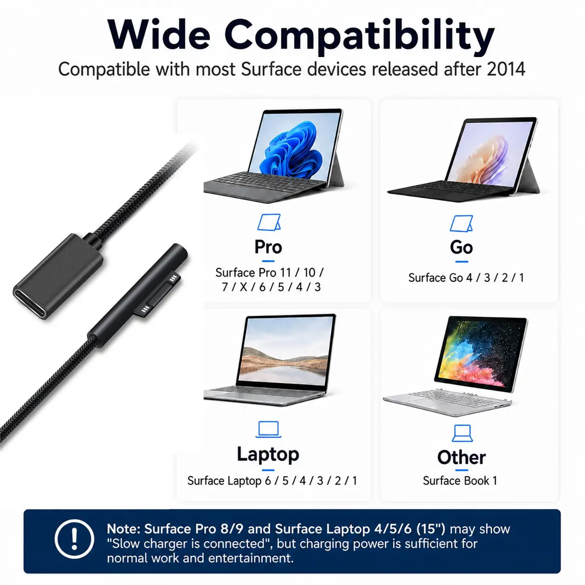 Sisyphy Surface Connect to USB-C Charging Cable 20cm (8in) Nylon | 45W PD Fast Charging for Surface Pro, Laptop, Go, Book - view 3