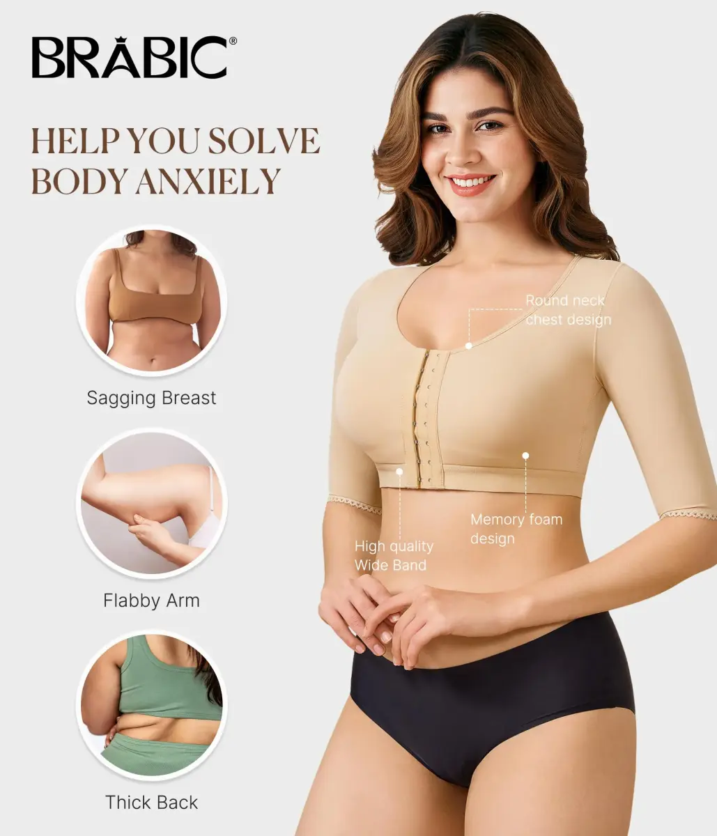 BRABIC Women's Post Surgery Arm Compression Shaper Top with Front Closure Bra - Beige, Medium | Slims Arms & Back, Improves Posture - view 5