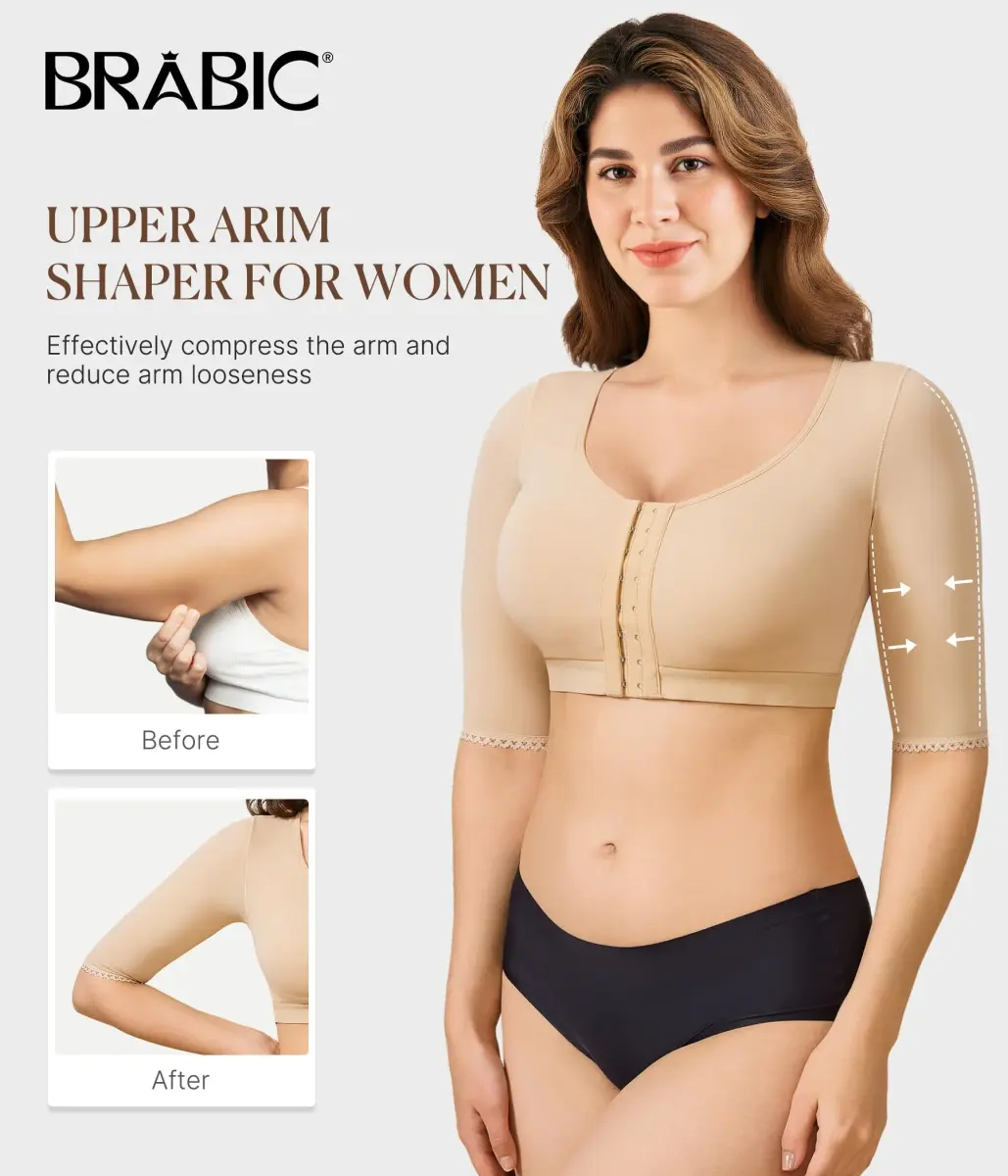 BRABIC Women's Post Surgery Arm Compression Shaper Top with Front Closure Bra - Beige, Medium | Slims Arms & Back, Improves Posture - view 3