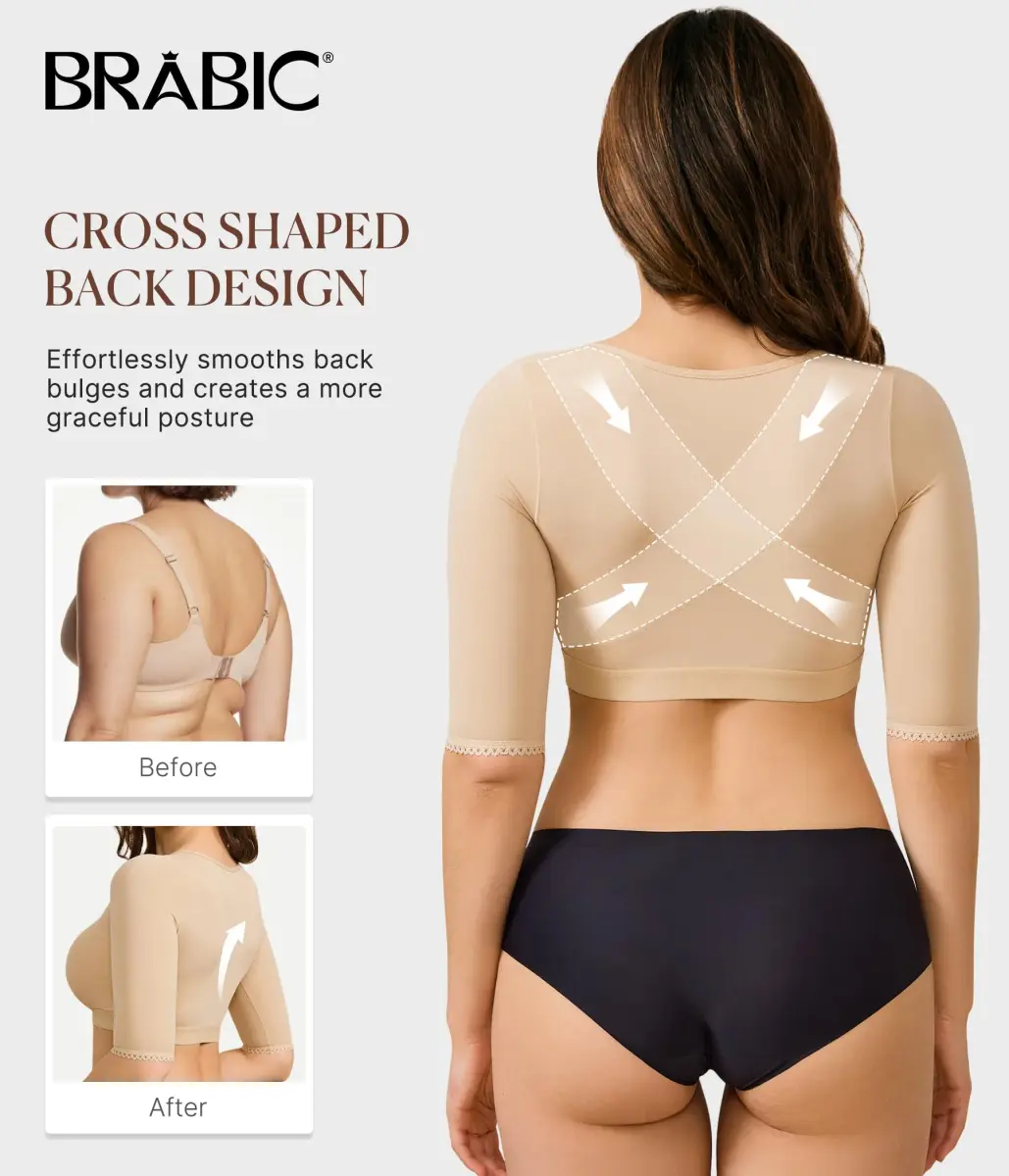 BRABIC Women's Post Surgery Arm Compression Shaper Top with Front Closure Bra - Beige, Medium | Slims Arms & Back, Improves Posture - view 4