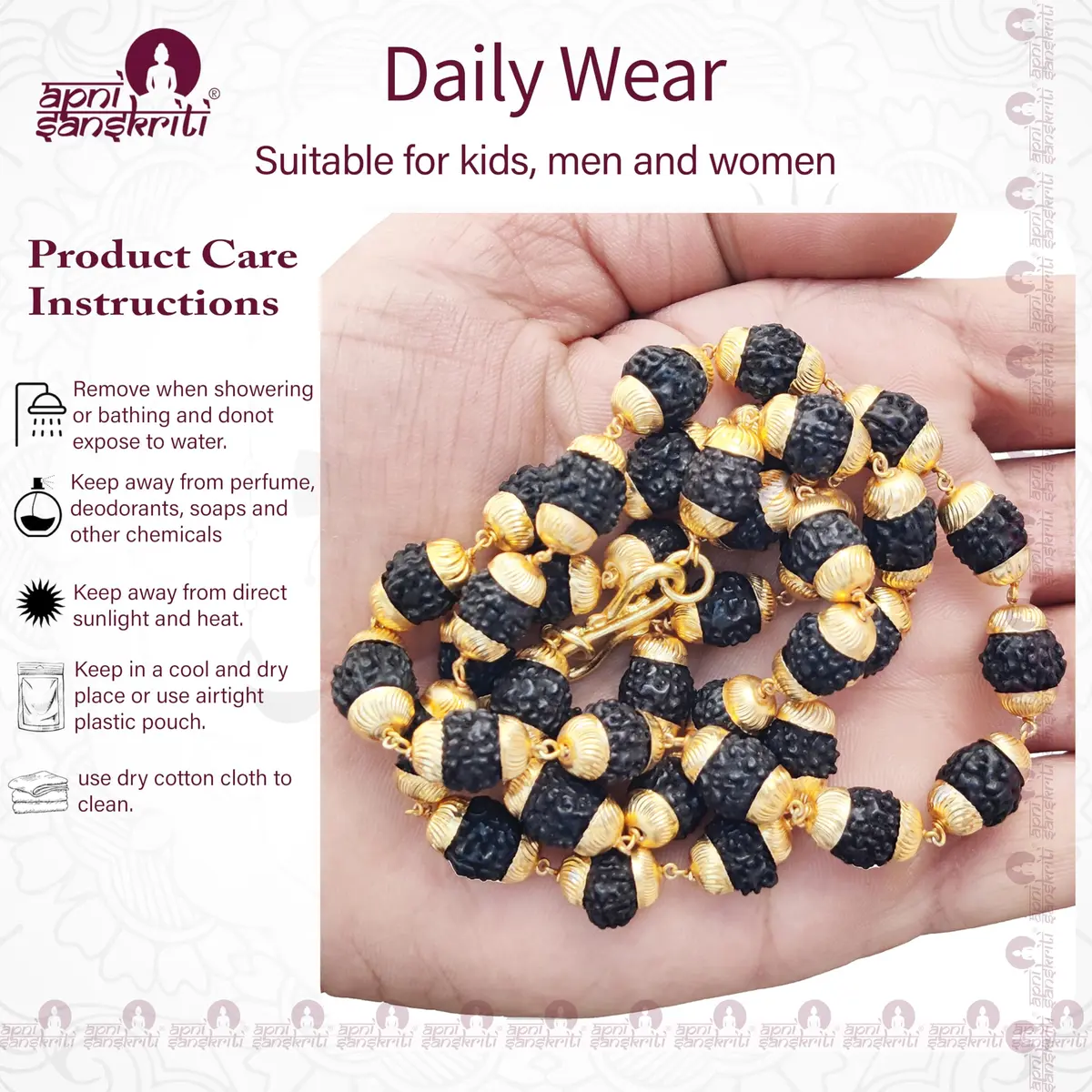 Apnisanskriti Black Rudraksha Mala with Golden Cap, 7-8mm Oval Beads | 109 Beads, 50g - view 2