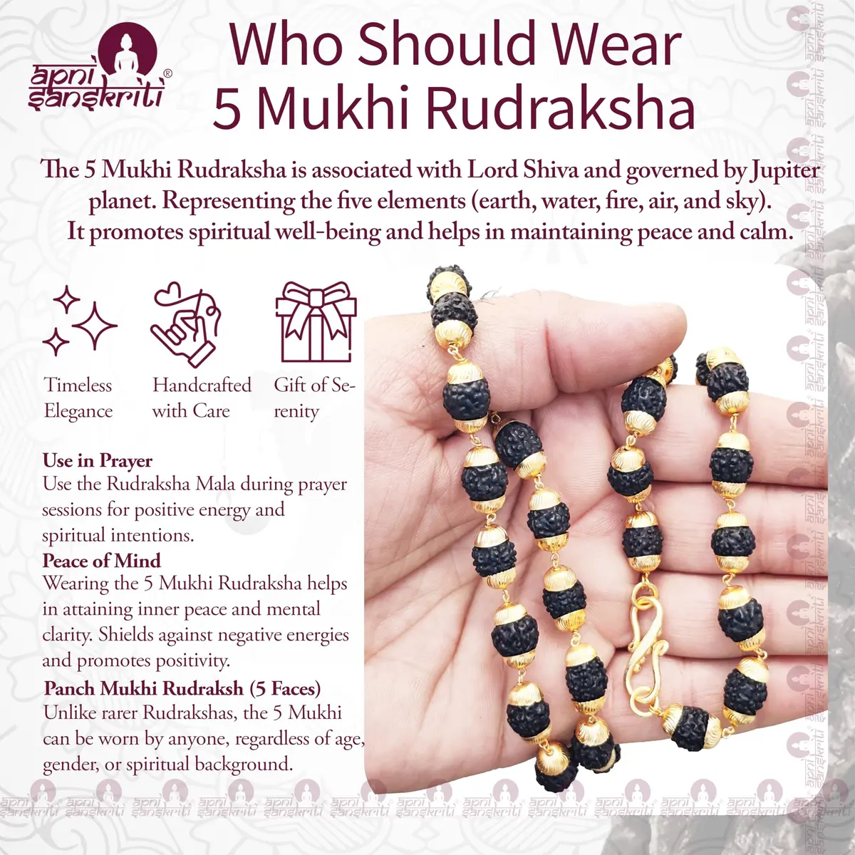 Apnisanskriti Black Rudraksha Mala with Golden Cap, 7-8mm Oval Beads | 109 Beads, 50g - view 3