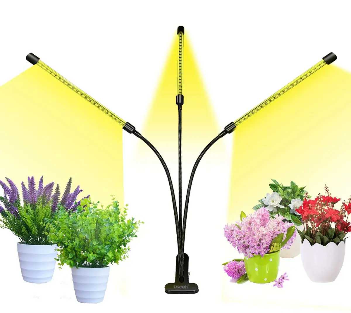 Bseah Full Spectrum LED Grow Light for Indoor Plants, 3-Head Clip-On Lamp with Timer & Dimmable Brightness | 15W (E26 Base) - main product image