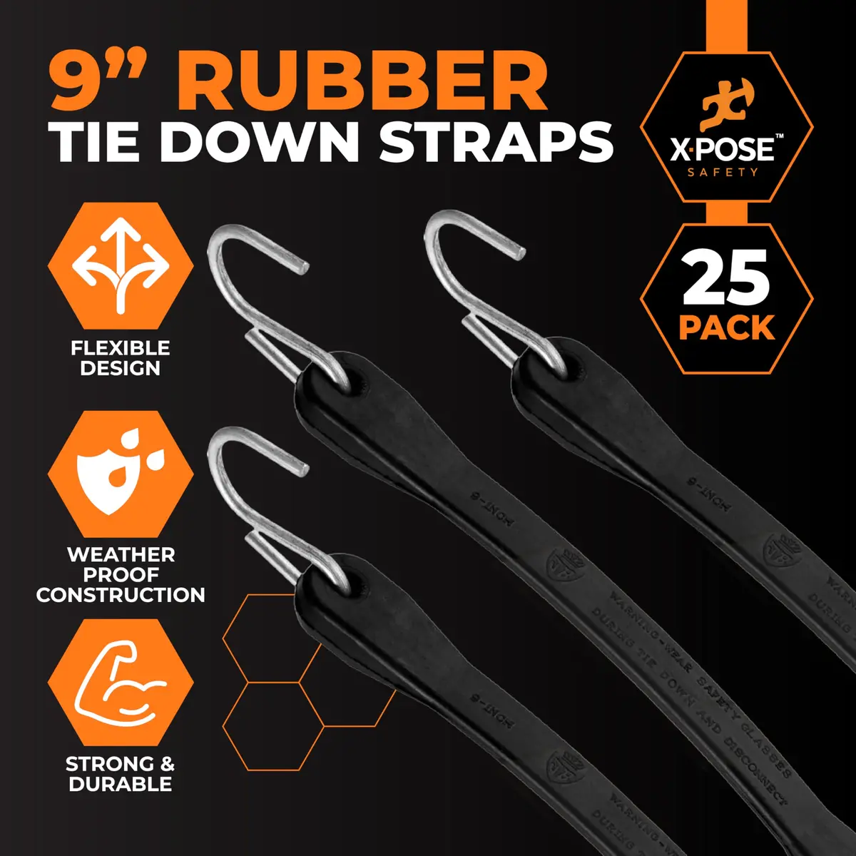 Xpose Safety Black 25 Pack 9 Inch Bungee Cords with Hooks | Heavy-Duty Tie Down Straps - view 3