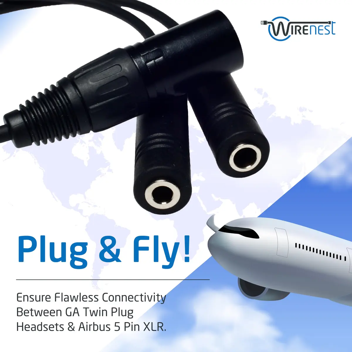 Wirenest GA Twin Plug to Airbus 5 Pin XLR Headset Adapter - Dual General Aviation PJ-055 (.206″) & PJ-068 (.25″) Jacks | Compatible with Major Pilot Headsets - view 2