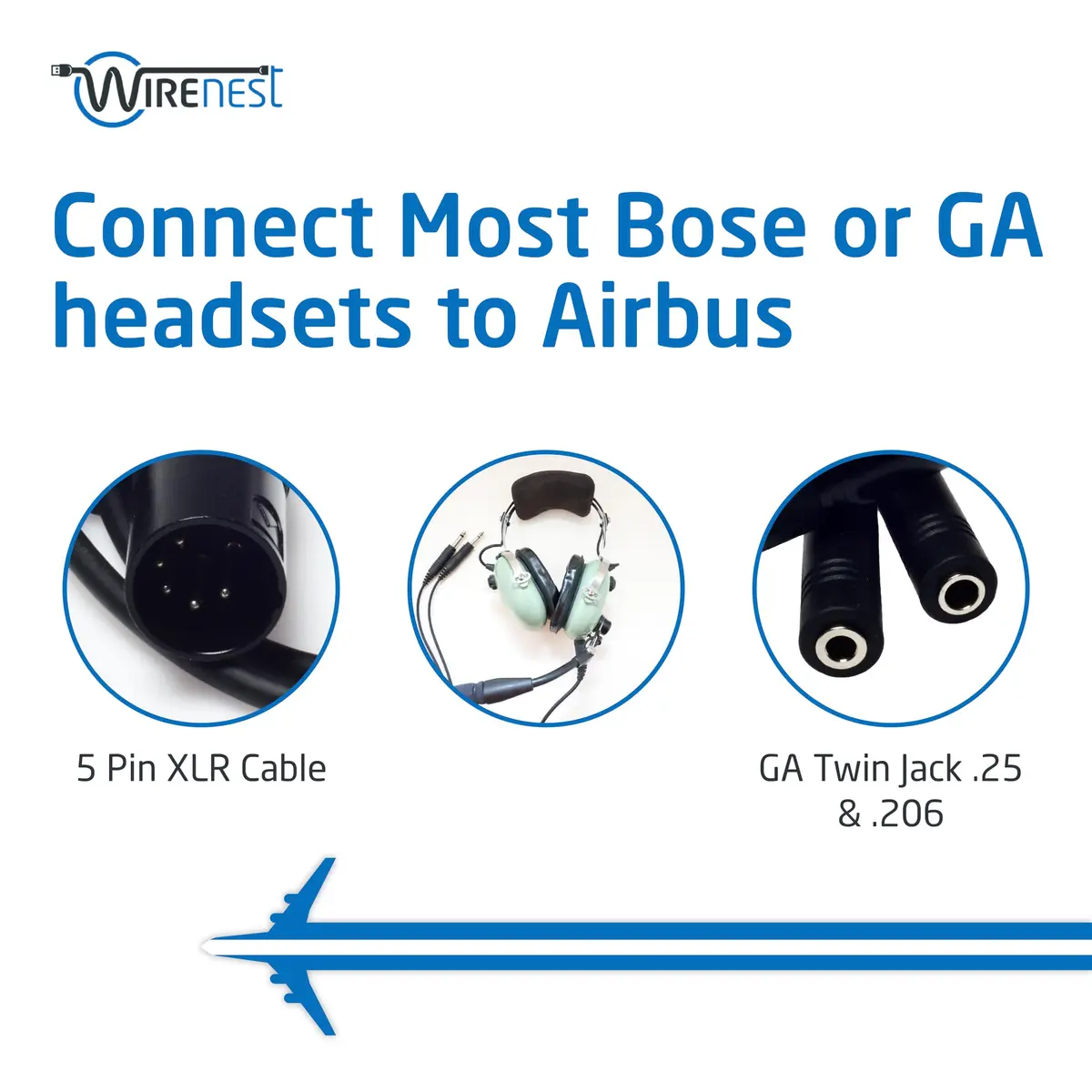 Wirenest GA Twin Plug to Airbus 5 Pin XLR Headset Adapter - Dual General Aviation PJ-055 (.206″) & PJ-068 (.25″) Jacks | Compatible with Major Pilot Headsets - view 3