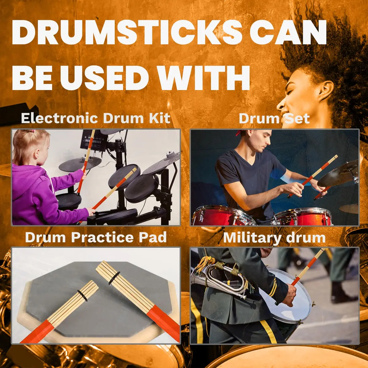 LALAOKS Red Bamboo Drumsticks Pair | Natural Bamboo & Rubber, Skewed Tips for Jazz & Folk Music - view 6