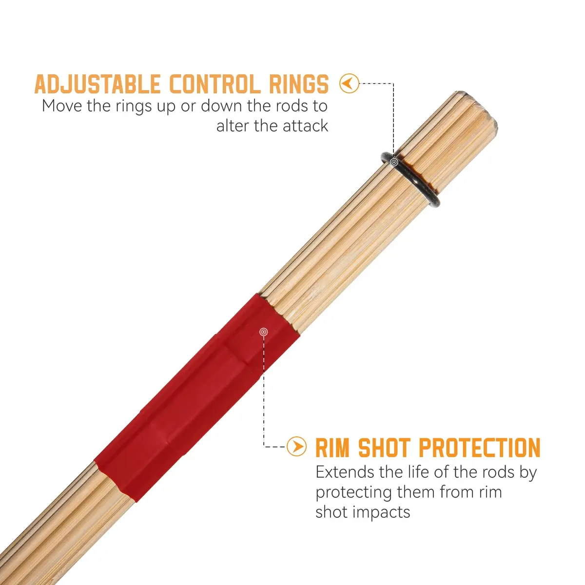 LALAOKS Red Bamboo Drumsticks Pair | Natural Bamboo & Rubber, Skewed Tips for Jazz & Folk Music - view 2