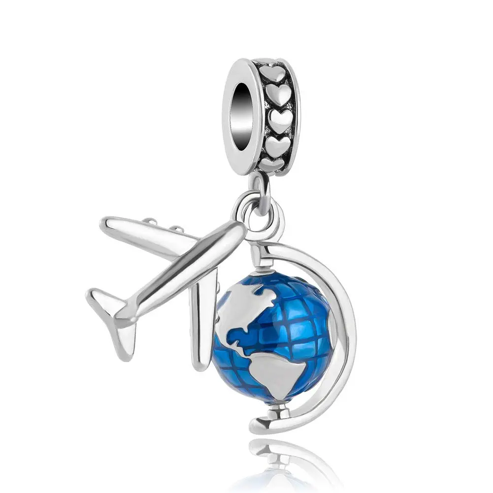 MosBug Charm Beads Pendant for Pandora Bracelets 2.6cm x 0.9cm | Travel & Vacation Globe Enamel - main product image