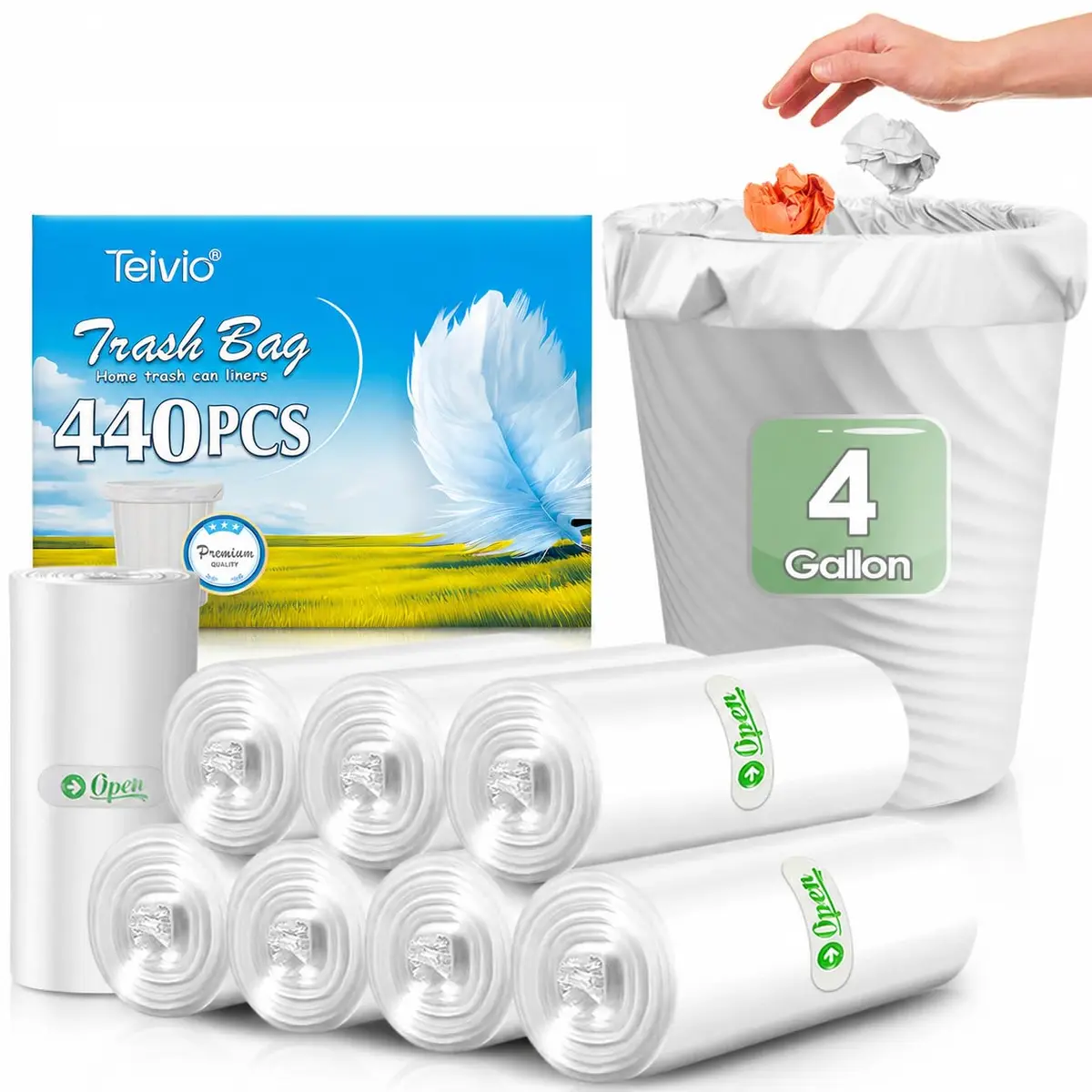 Teivio Small Clear Trash Bags 4 Gallon 440 Count | Value Pack Waste Bags - main product image