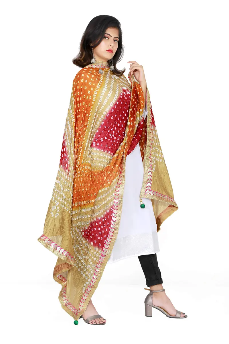 Kalpit Creations Women's Jaipuri Rajasthani Silk Bandhani Dupatta 2.25m | Multicolored Gota Work, Free Size - main product image