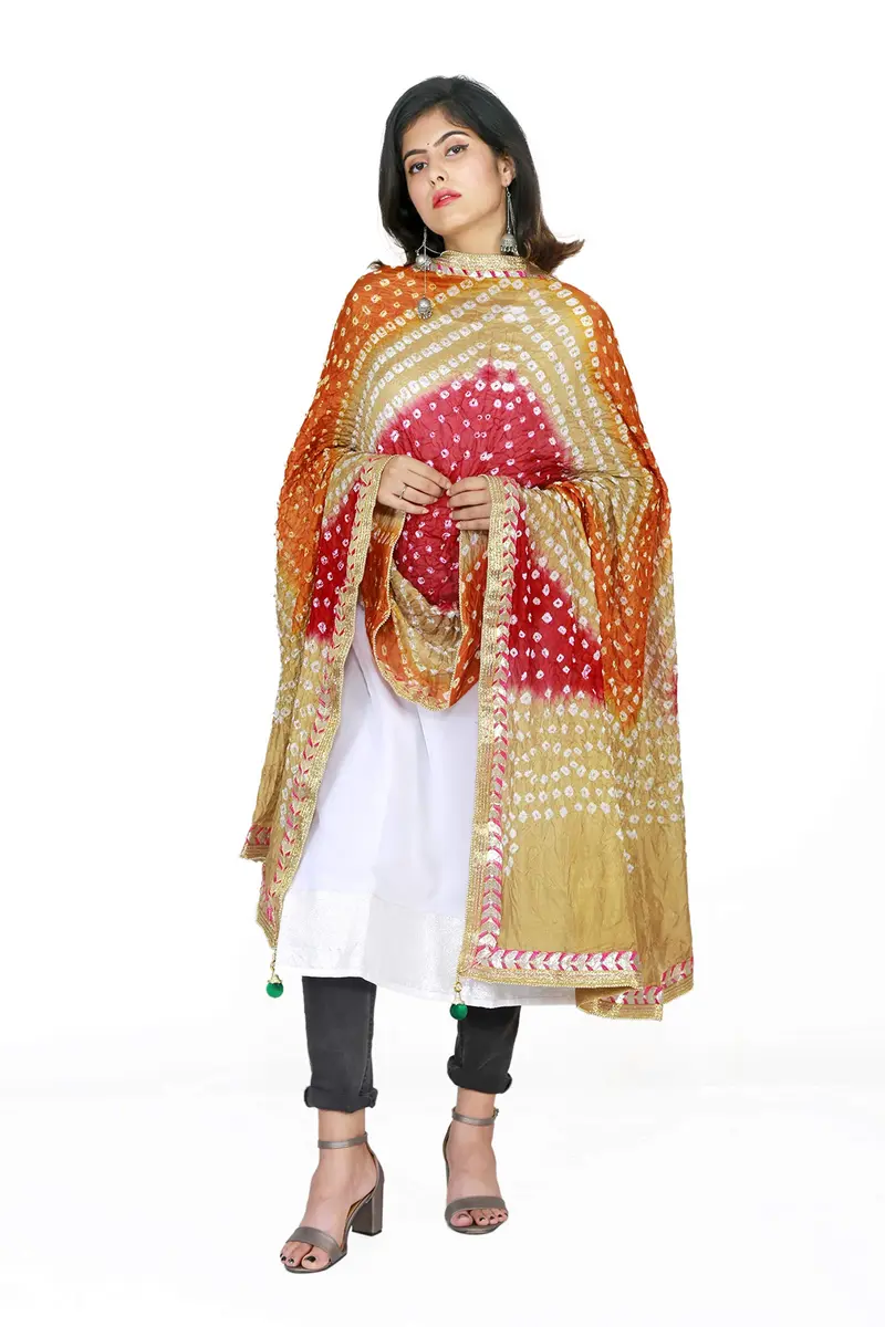 Kalpit Creations Women's Jaipuri Rajasthani Silk Bandhani Dupatta 2.25m | Multicolored Gota Work, Free Size - view 2