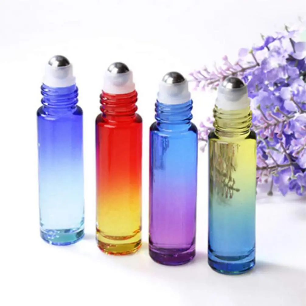 Foraineam 24 Pack 10ml Gradient Color Glass Essential Oil Roller Bottles with Stainless Steel Ball & Hanging Lid | Refillable Cosmetic Containers for Travel - view 5