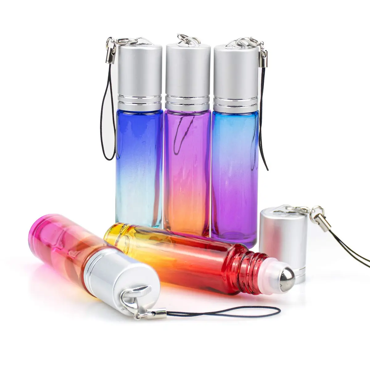 Foraineam 24 Pack 10ml Gradient Color Glass Essential Oil Roller Bottles with Stainless Steel Ball & Hanging Lid | Refillable Cosmetic Containers for Travel - view 2