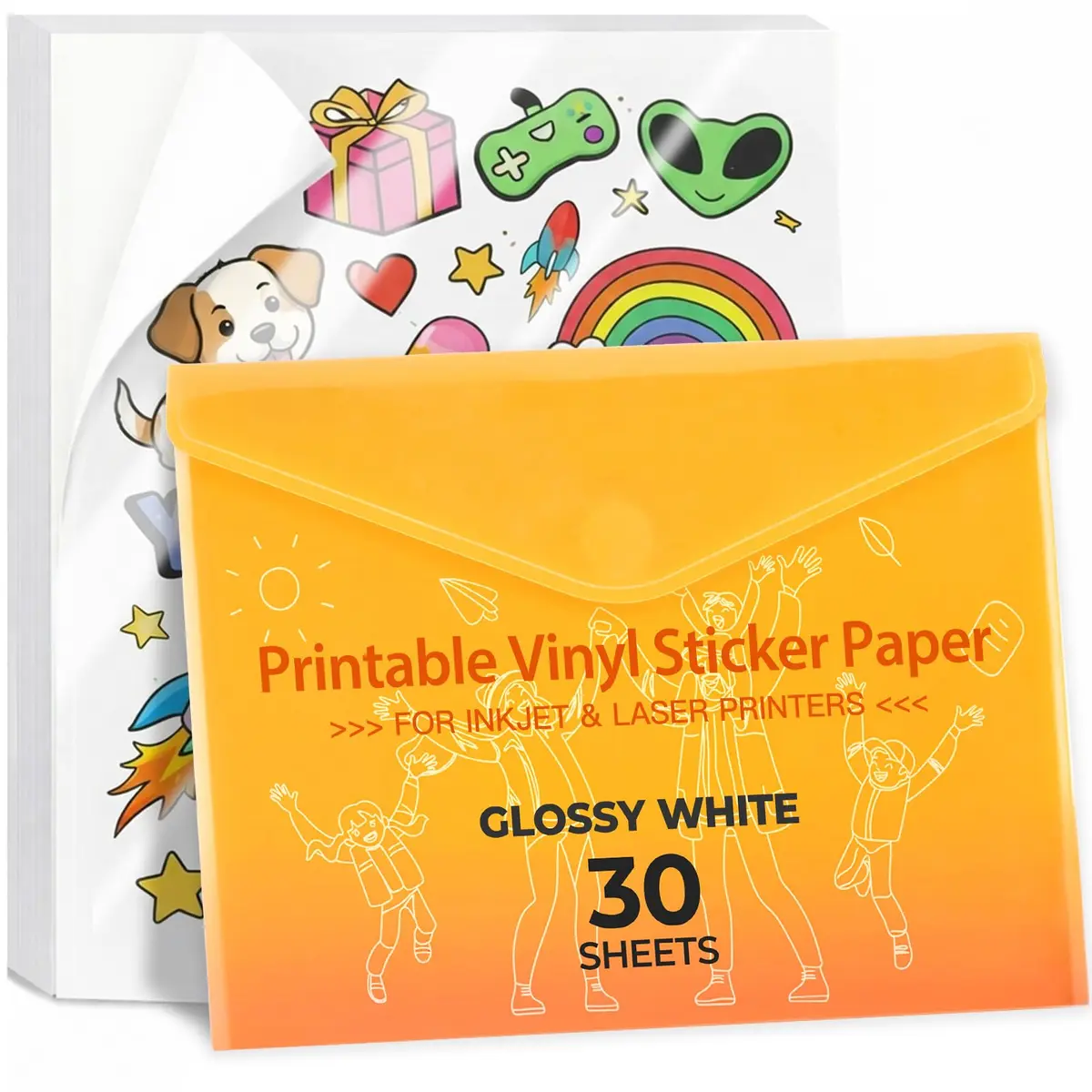JANDJPACKAGING Printable Vinyl Sticker Paper, Glossy White, 8.5"x11" | Waterproof, Easy Release, Indoor & Outdoor Use - main product image