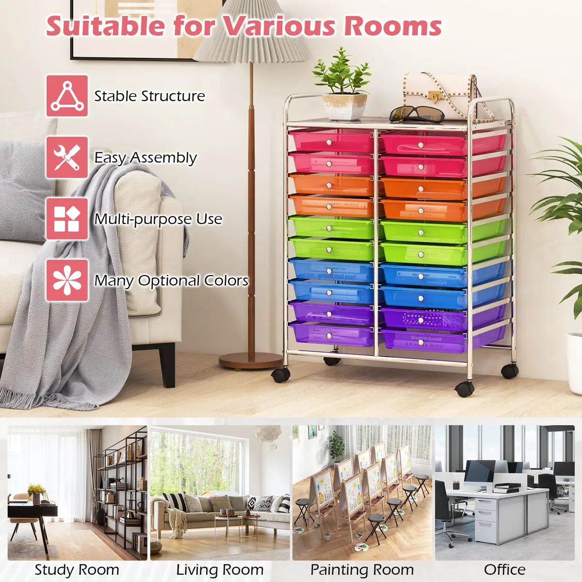 HAPPYGRILL 20-Drawer Organizer Cart Tools Rainbow | Mobile Utility Storage with Lockable Wheels - view 6
