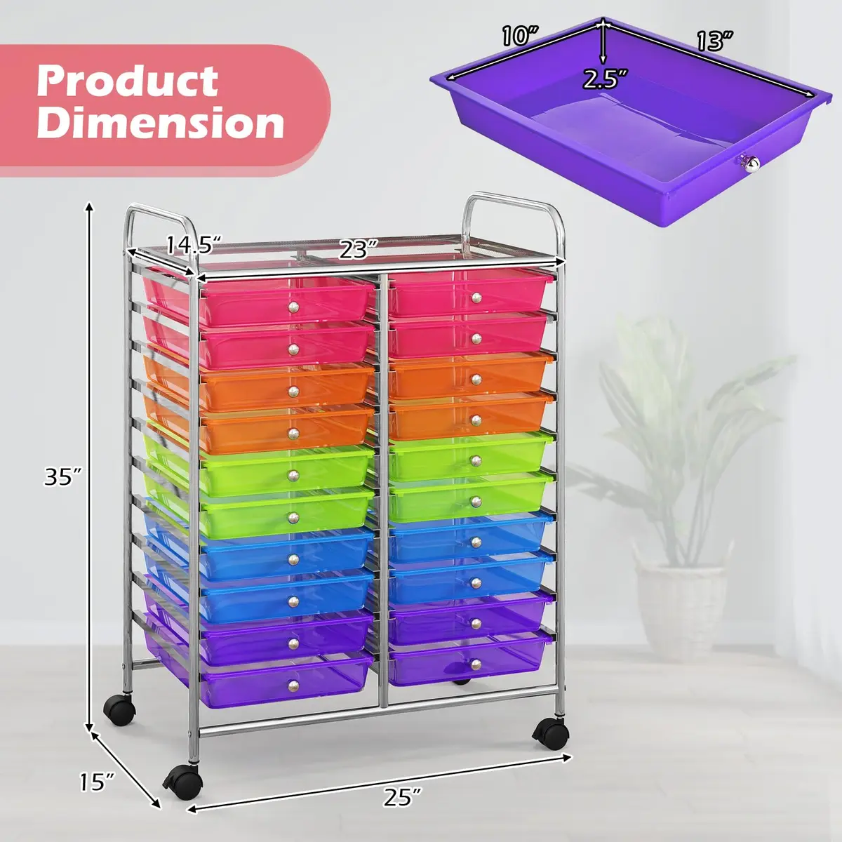 HAPPYGRILL 20-Drawer Organizer Cart Tools Rainbow | Mobile Utility Storage with Lockable Wheels - view 7