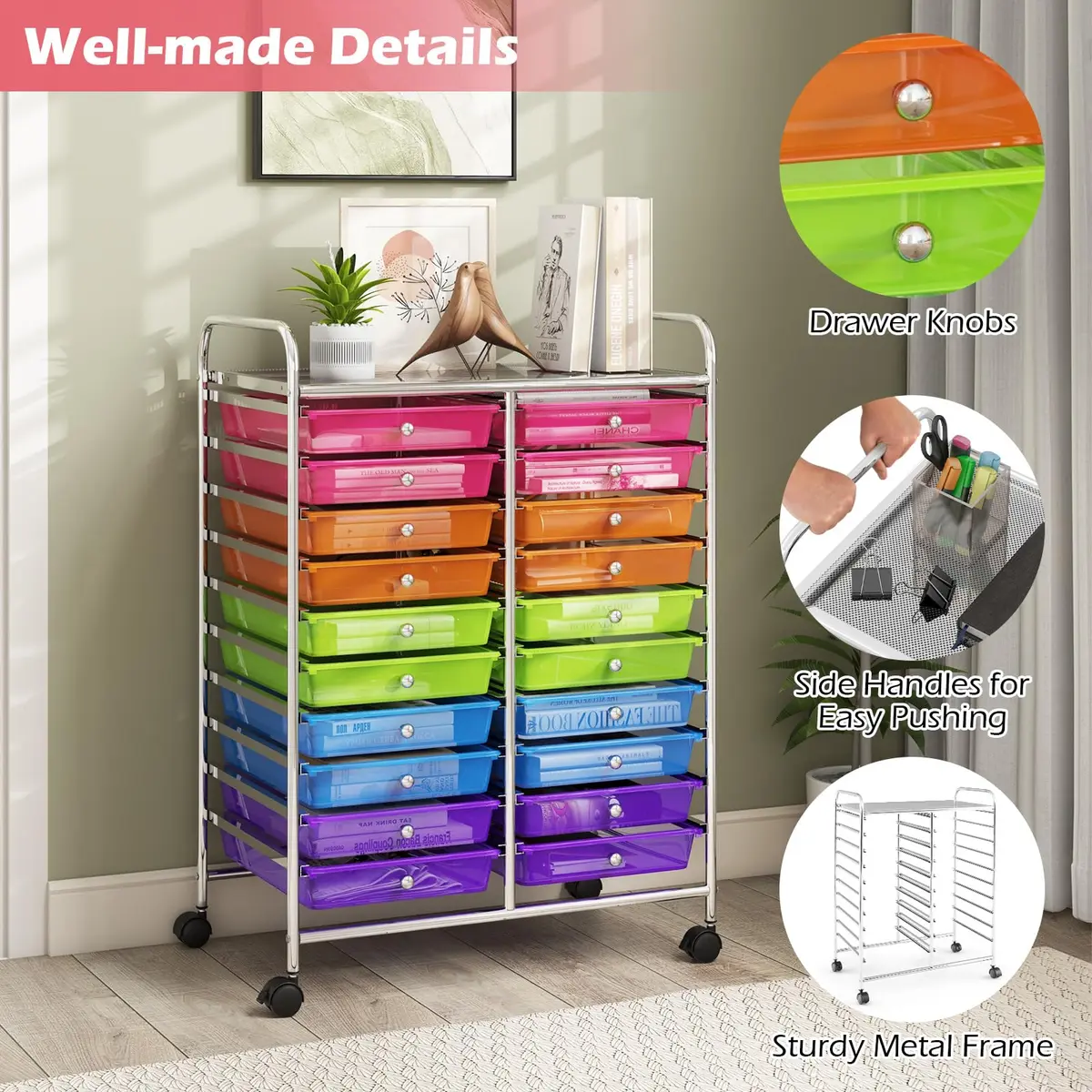 HAPPYGRILL 20-Drawer Organizer Cart Tools Rainbow | Mobile Utility Storage with Lockable Wheels - view 3
