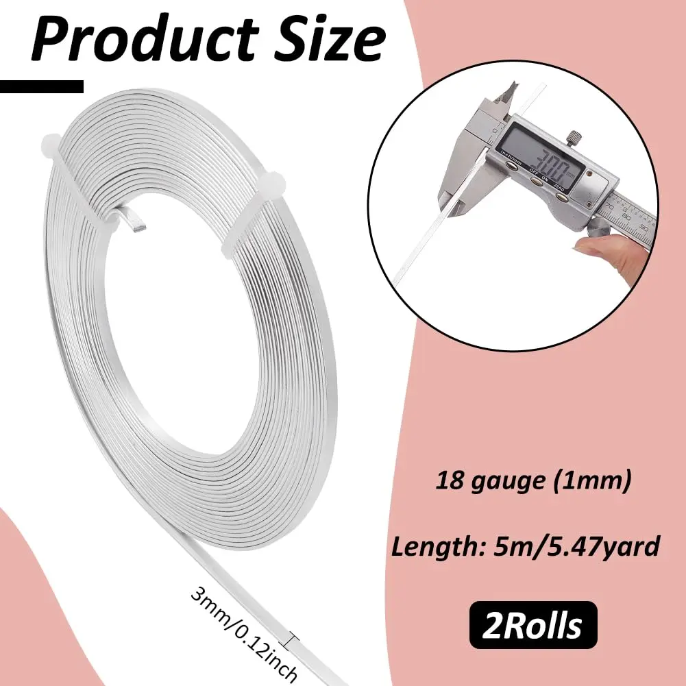 BENECREAT Jewelry Craft Wire 3mm Wide Aluminum Flat Wire 32ft Silver | Durable, Flexible & Long-Lasting Color - view 2