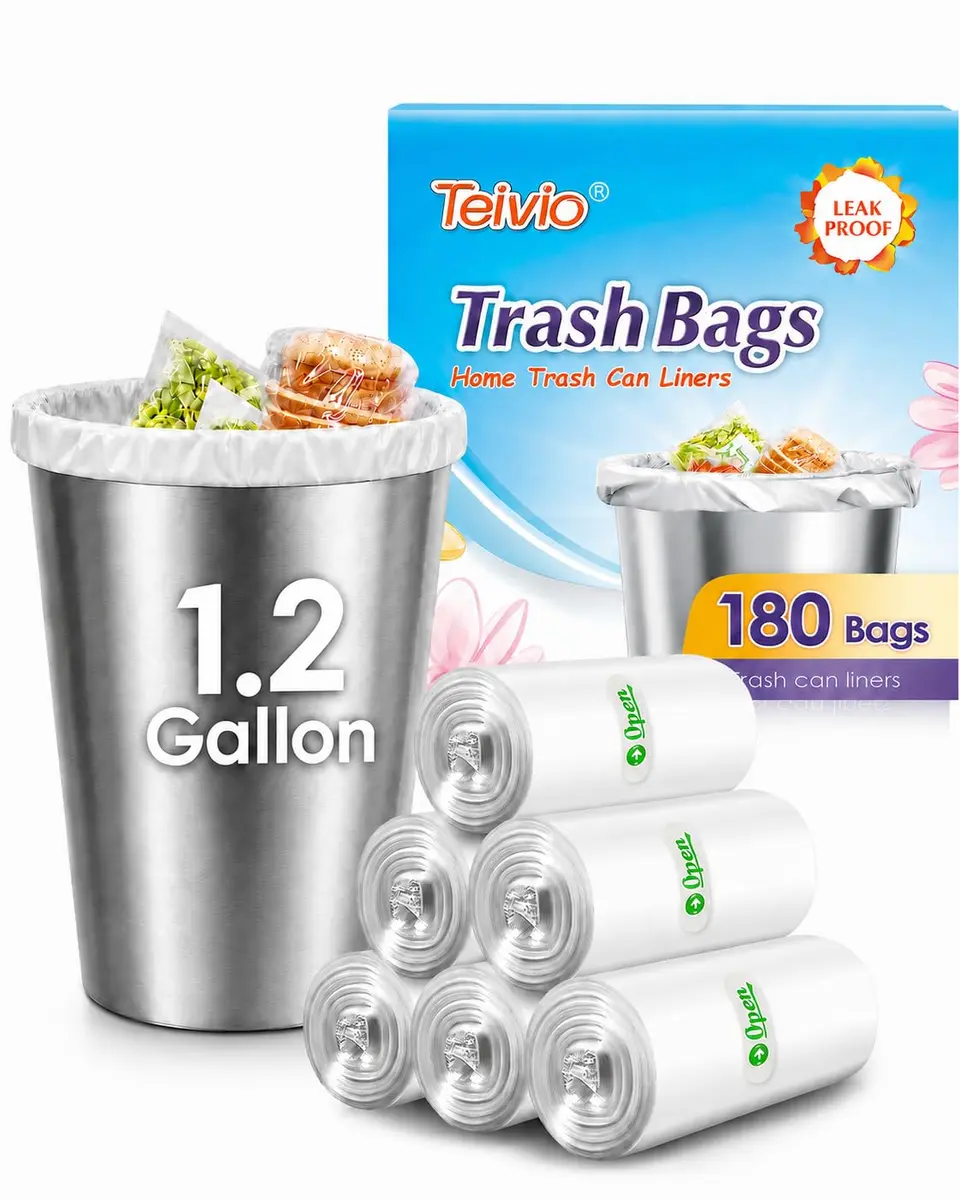 Teivio Small Clear Trash Bags 1.2 Gallon 180 Count | Unscented Garbage Bags for Home & Office - main product image