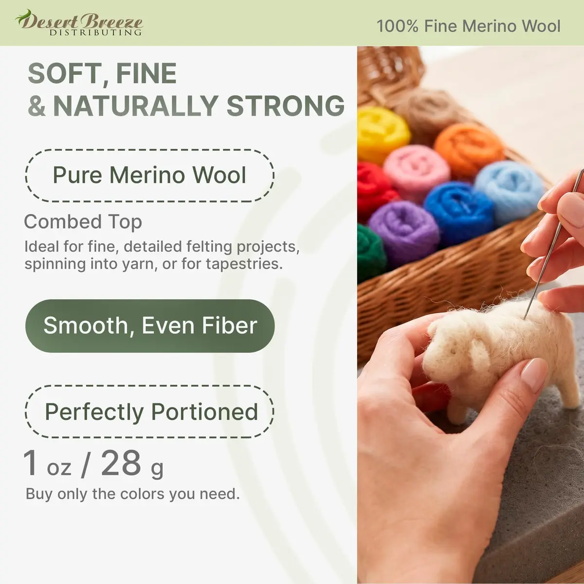 Desert Breeze Distributing Merino Wool Roving 1 oz | Fine Needle Felting & Spinning - view 2