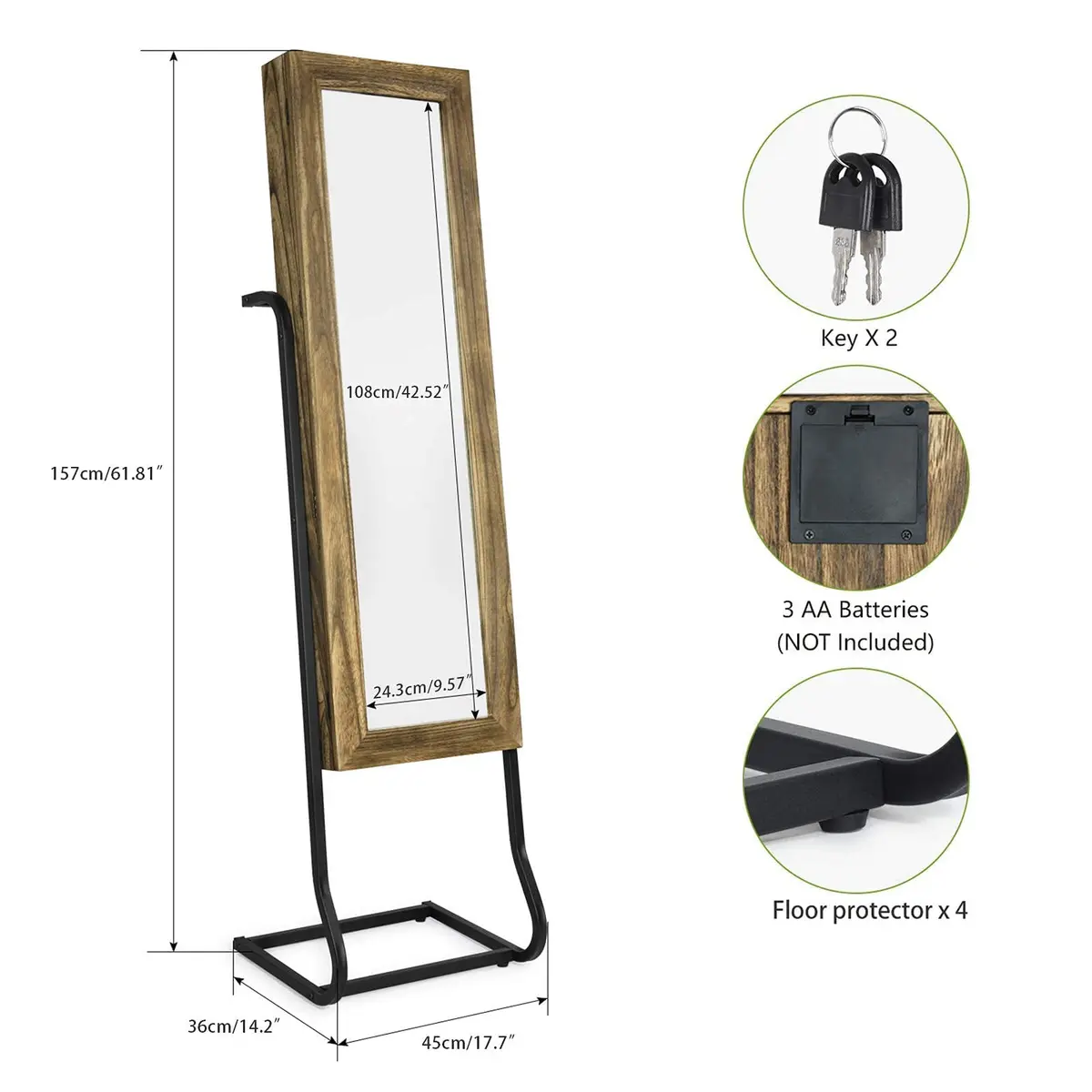 SRIWATANA Jewelry Armoire Cabinet, Solid Wood with Full Length Mirror, Carbonized Black | Vintage Rustic Jewelry Organizer - view 8