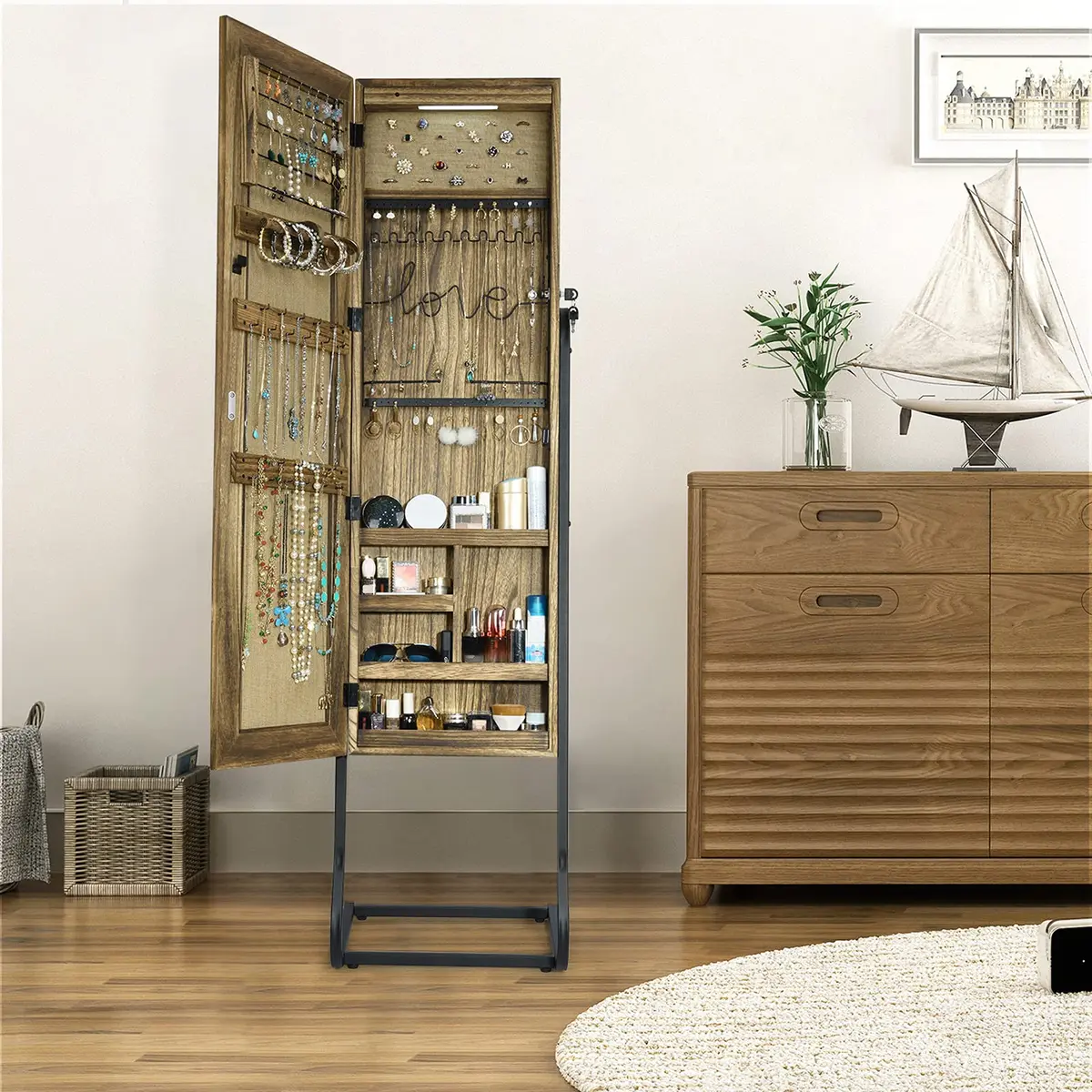 SRIWATANA Jewelry Armoire Cabinet, Solid Wood with Full Length Mirror, Carbonized Black | Vintage Rustic Jewelry Organizer - view 3