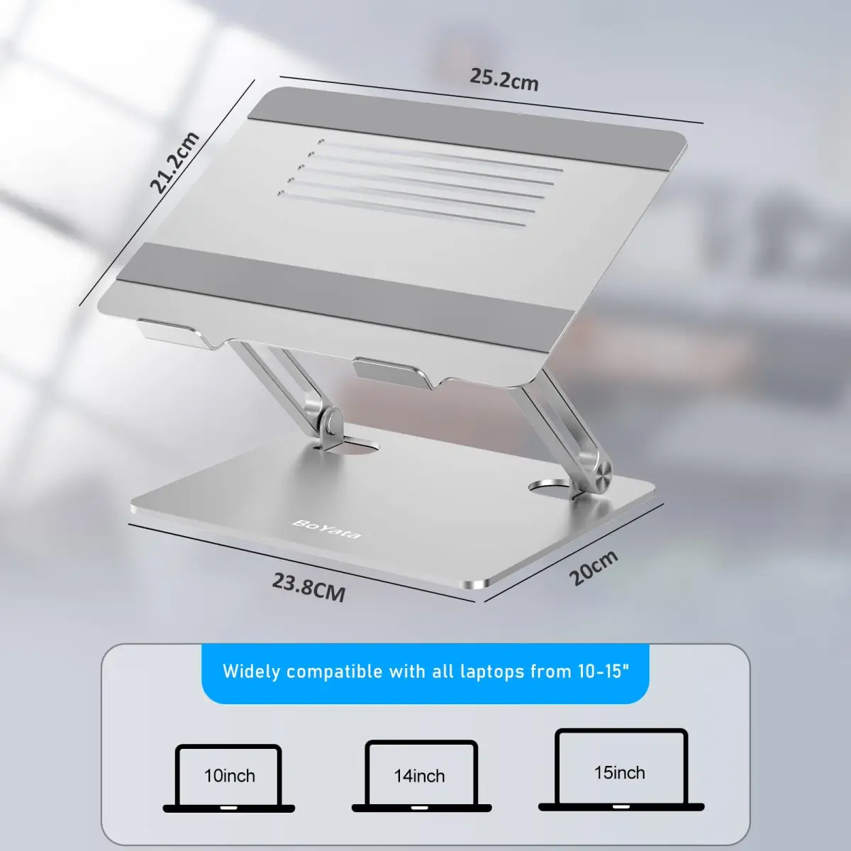 BoYata Adjustable Aluminum Laptop Stand for 15-Inch Laptops, Silver | Ergonomic Z-Type Design with Ventilation - view 2