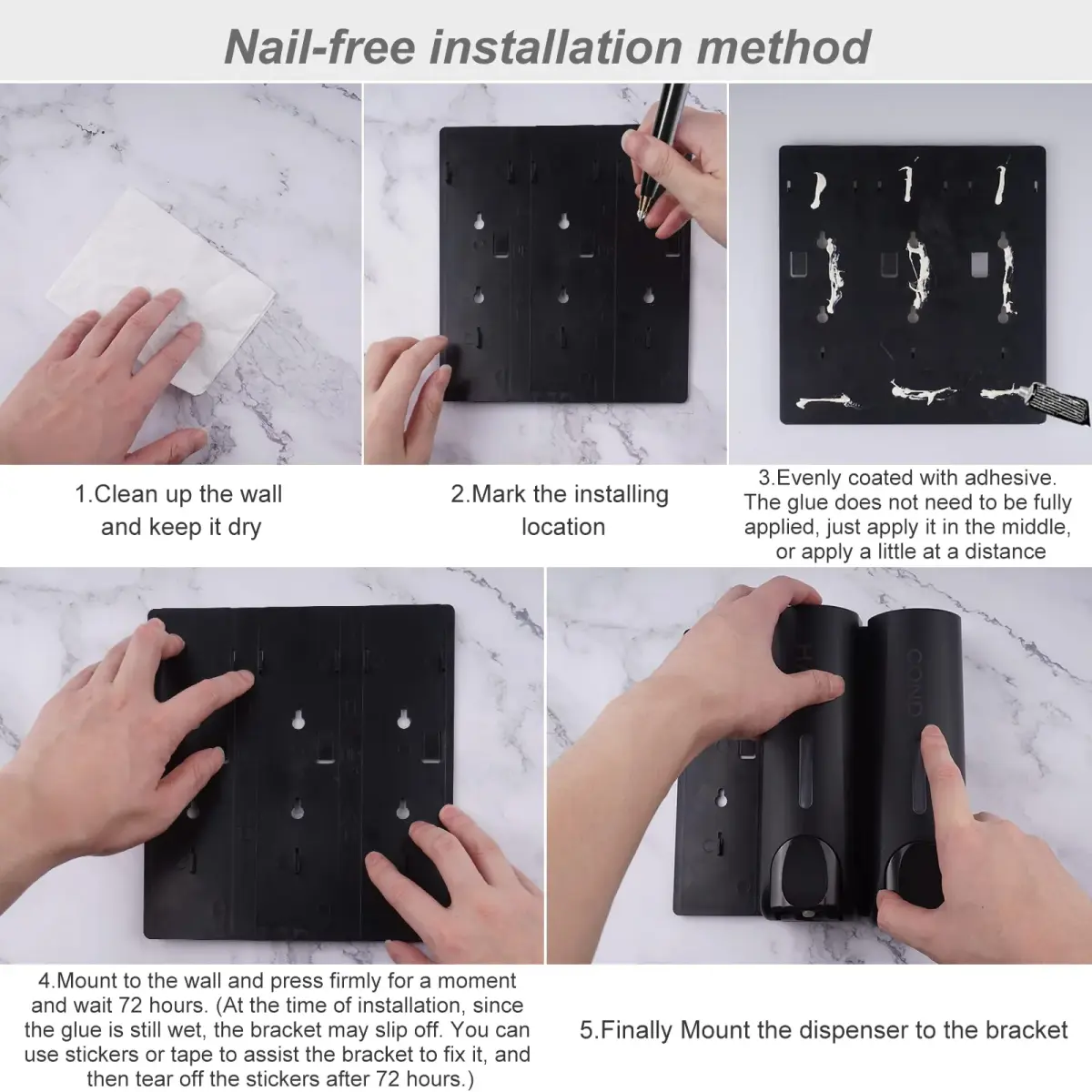 AUMIO Black 3 Chamber Shower Soap Dispenser Set | 350ml Each, Wall Mounted, No Drill - view 5