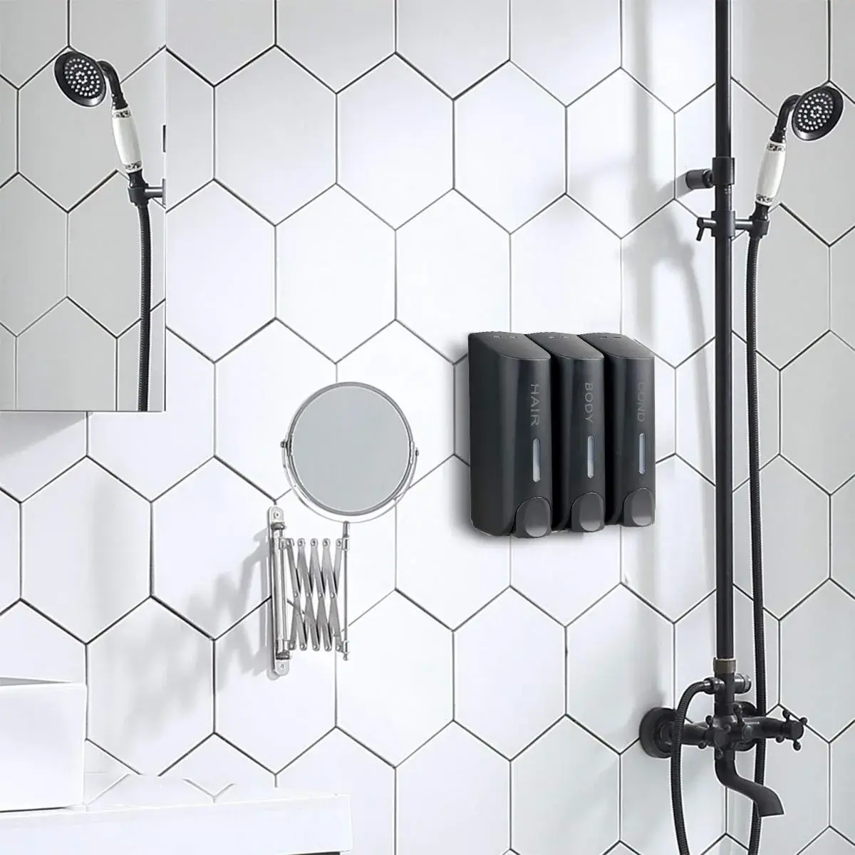 AUMIO Black 3 Chamber Shower Soap Dispenser Set | 350ml Each, Wall Mounted, No Drill - view 7