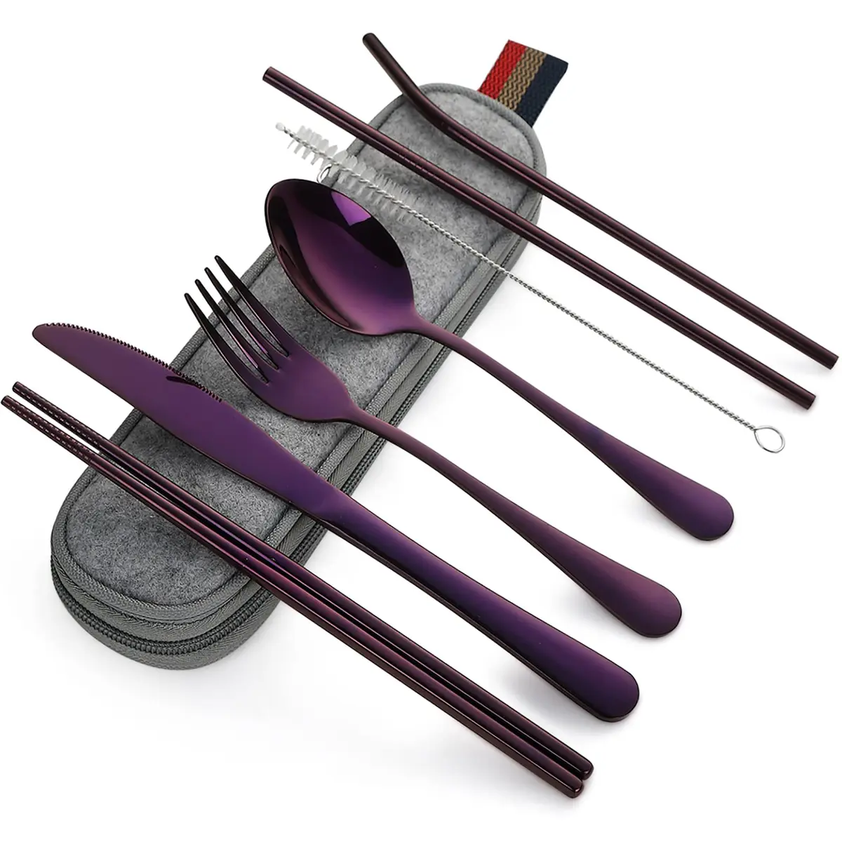 DEVICO Portable Flatware Set 8-Piece | Food-Grade Stainless Steel Camping Utensils in Purple - main product image