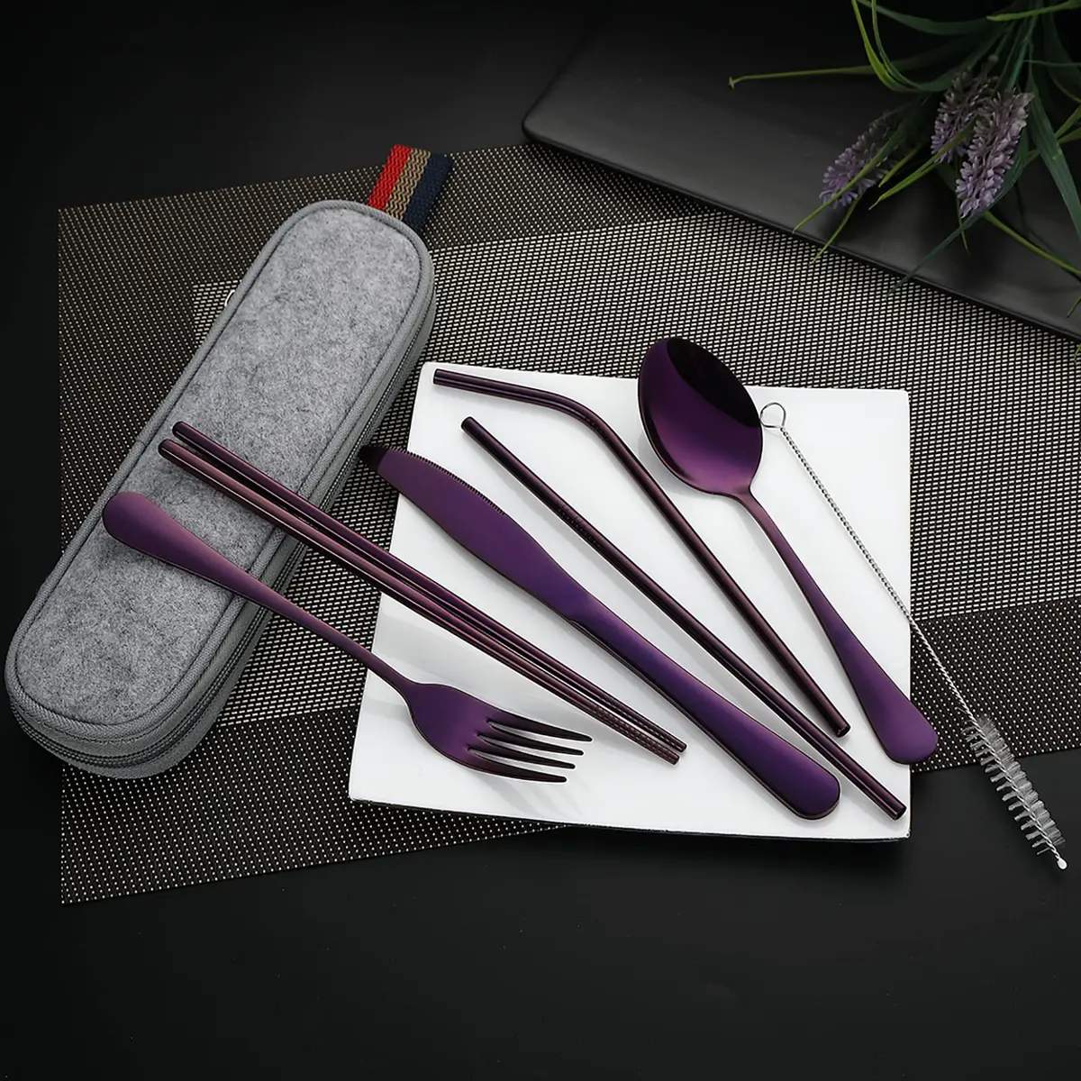 DEVICO Portable Flatware Set 8-Piece | Food-Grade Stainless Steel Camping Utensils in Purple - view 6