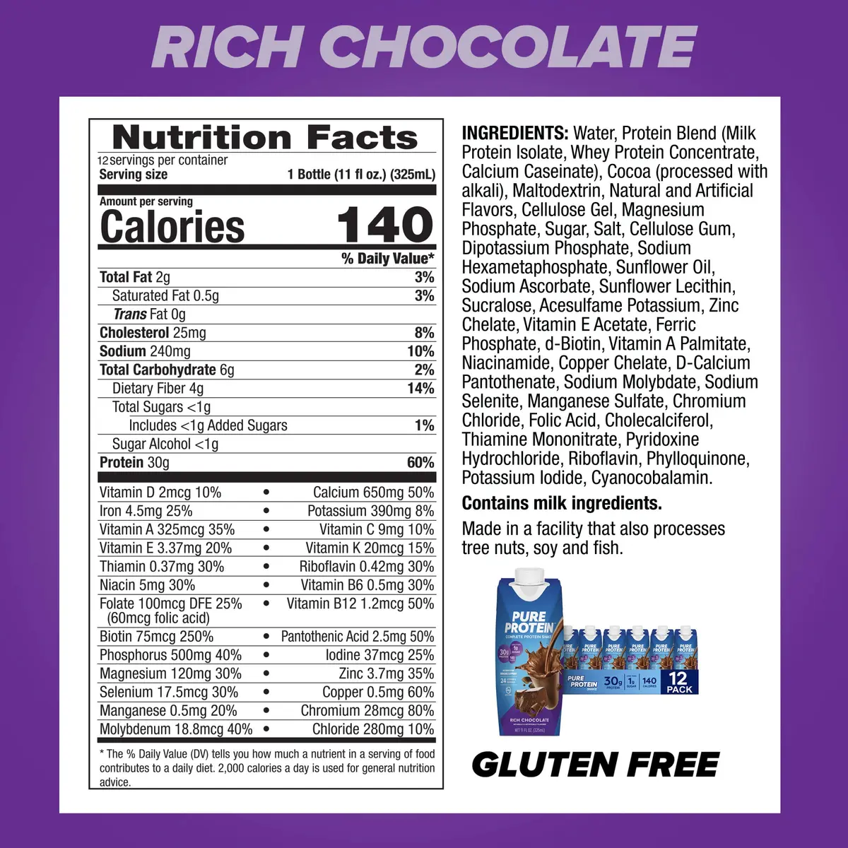 Pure Protein Chocolate Protein Shake 11 Fl Oz (132 Fl Oz) | 30g Protein Per Serving, Keto-Friendly, Immune Support - view 3