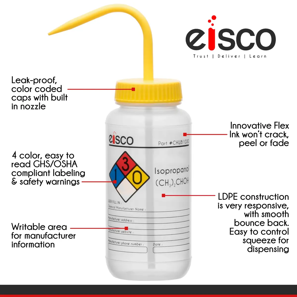 EISCO 2PK Isopropanol Wash Bottles 500ml (16.9 Fl Oz) | GHS & OSHA Compliant Labeling - view 2