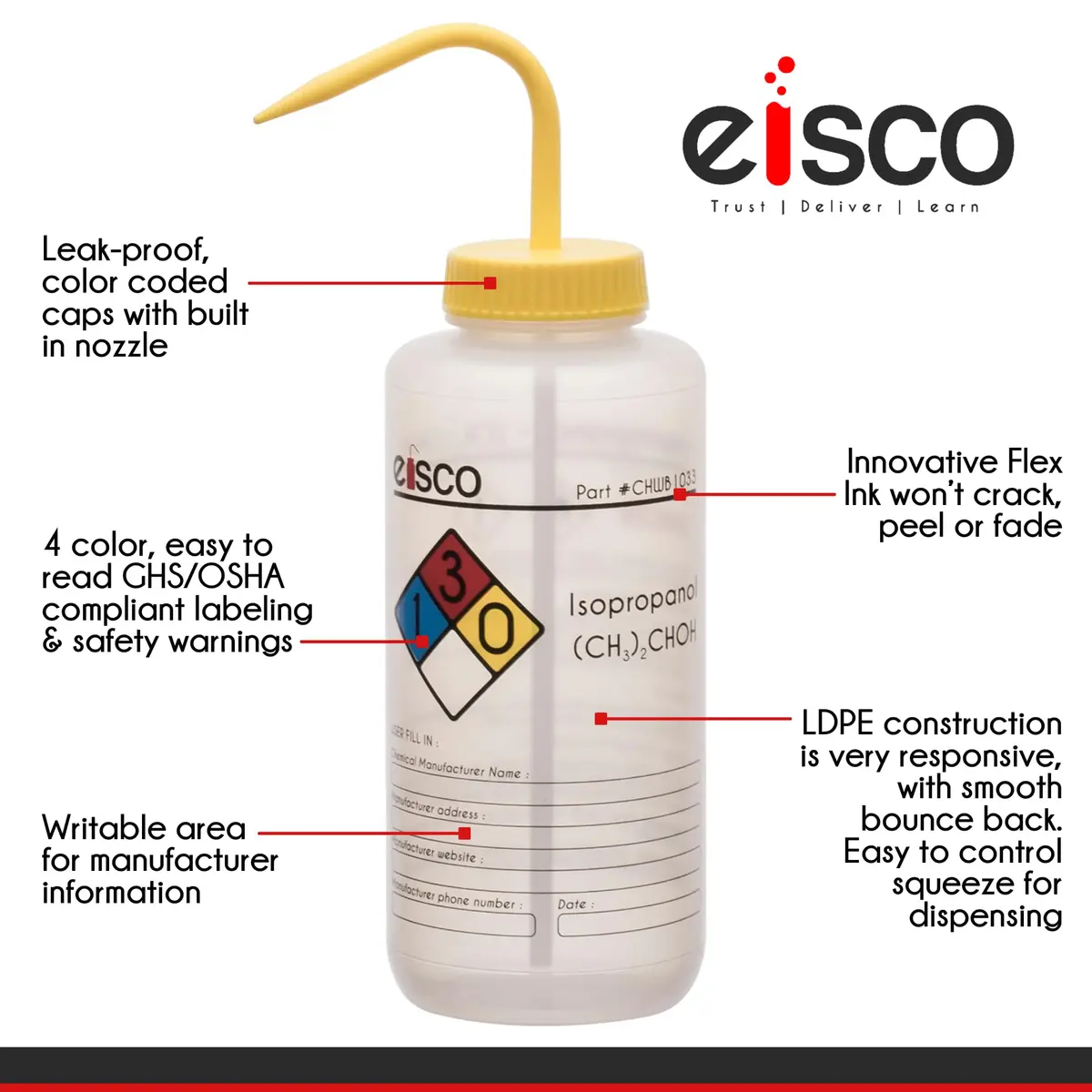 EISCO 2PK Isopropanol Wash Bottles 500ml (16.9 Fl Oz) | GHS & OSHA Compliant Labeling - view 4