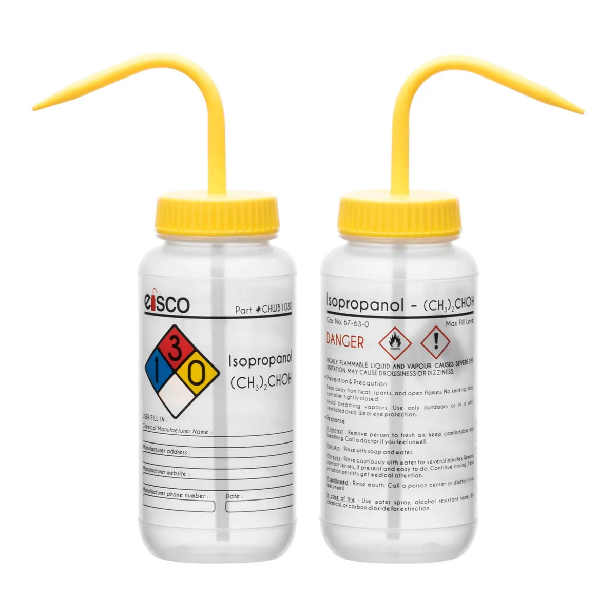 EISCO Isopropanol Wash Bottle 500ml (16.9 oz) with Color-Coded Safety Labels | GHS Compliant Lab Squeeze Bottle - view 3