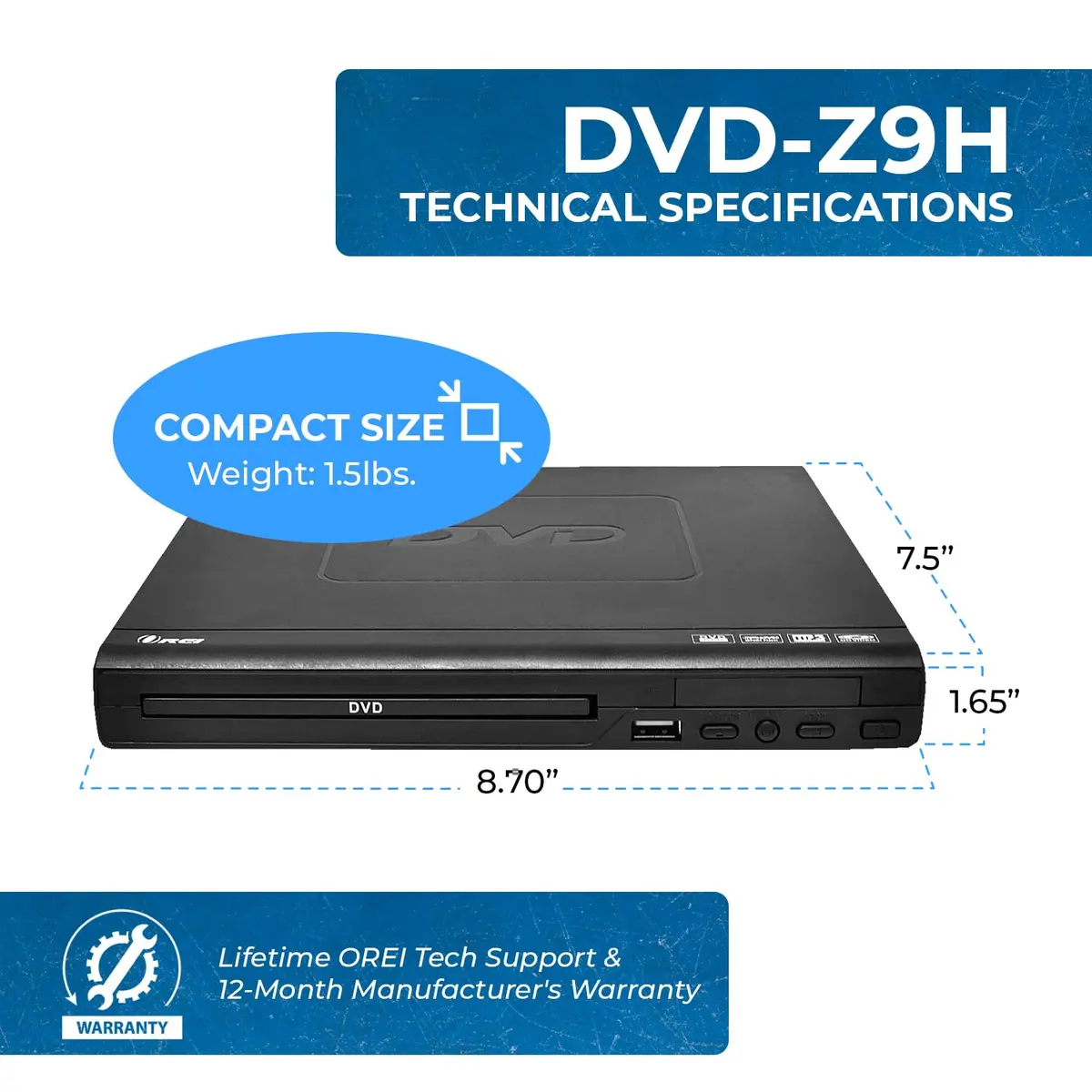 OREI Region Free HDMI DVD Player - Supports 1080P, Multi Zone, Compact, USB Input, Worldwide Voltage - view 5
