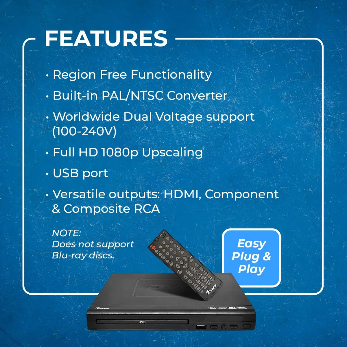 OREI Region Free HDMI DVD Player - Supports 1080P, Multi Zone, Compact, USB Input, Worldwide Voltage - view 9
