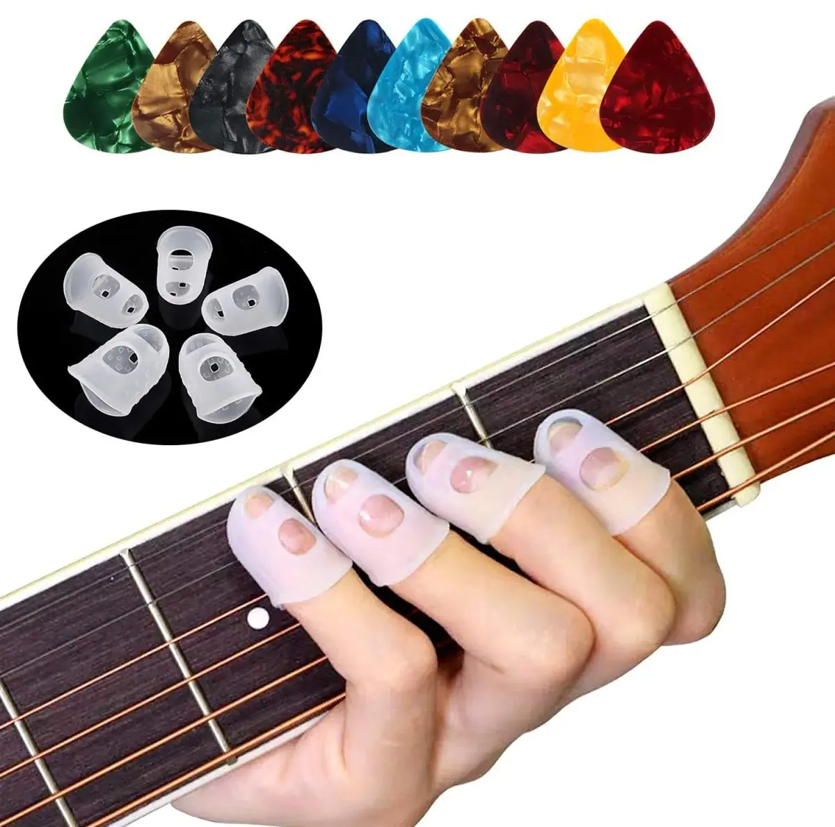 AUGSUN Silicone Guitar Fingertip Protectors & Celluloid Picks | 40 Protectors (5 Sizes) + 10 Picks - main product image