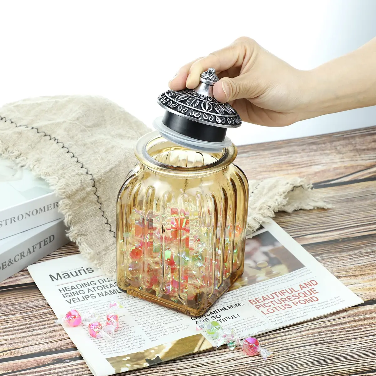 SOCOSY Vintage Crystal Glass Candy Jar with Lid 30 oz | Elegant Kitchen Storage & Wedding Gift - view 3