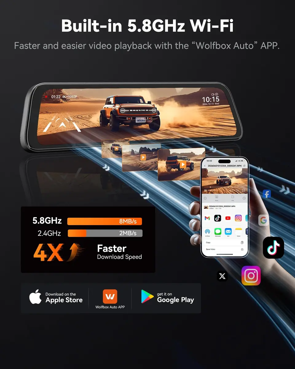 WOLFBOX G840S 12" 4K Mirror Dash Cam with GPS & 32GB Card | Night Vision, Dual Recording, Parking Monitor - view 4