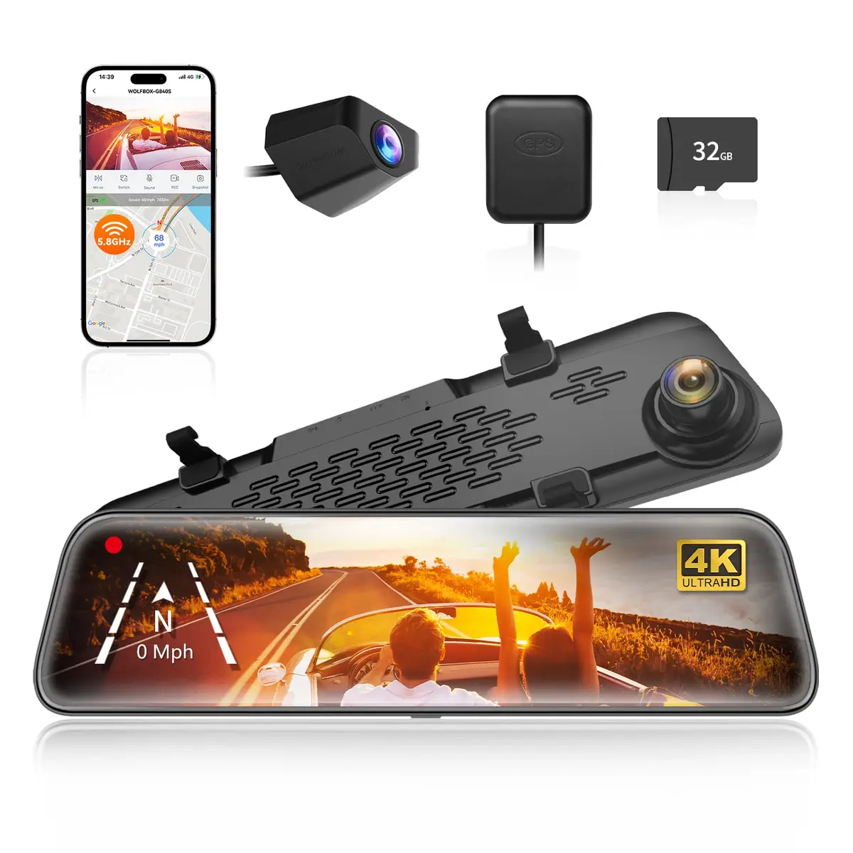 WOLFBOX G840S 12" 4K Mirror Dash Cam with GPS & 32GB Card | Night Vision, Dual Recording, Parking Monitor - main product image