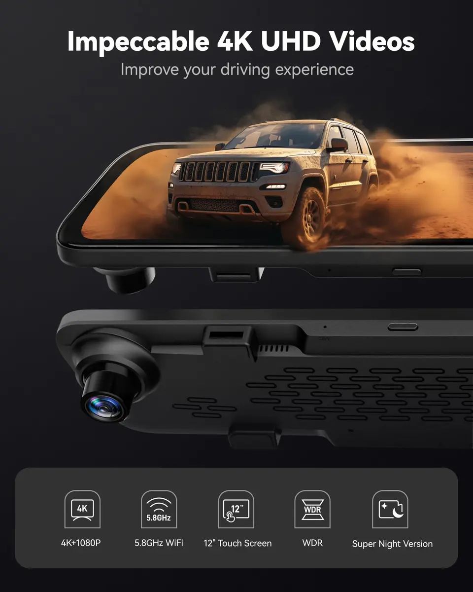 WOLFBOX G840S 12" 4K Mirror Dash Cam with GPS & 32GB Card | Night Vision, Dual Recording, Parking Monitor - view 2