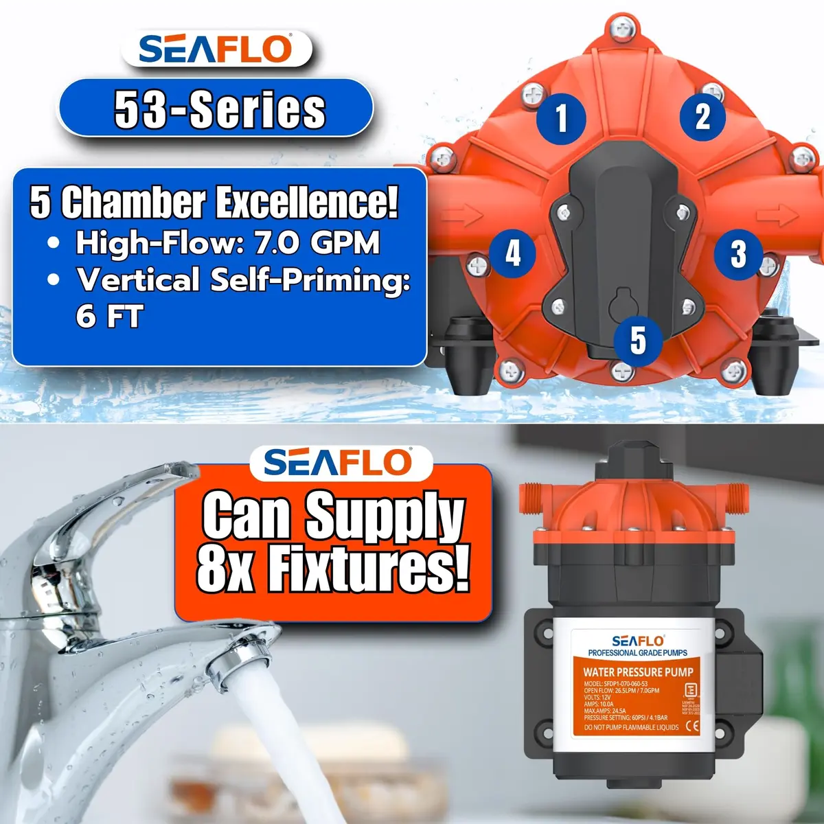 SEAFLO 53-Series DC Diaphragm Water Pump 7.0 GPM 60 PSI | Heavy-Duty, Self-Priming, 4-Year Warranty - view 8