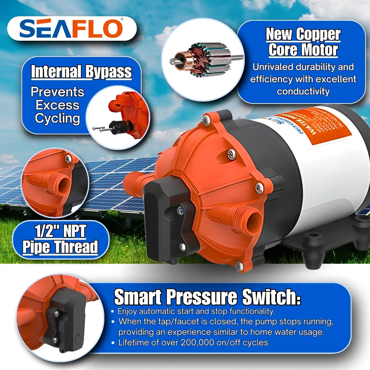 SEAFLO 53-Series DC Diaphragm Water Pump 7.0 GPM 60 PSI | Heavy-Duty, Self-Priming, 4-Year Warranty - view 3