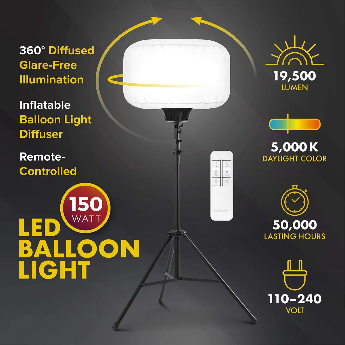 SeeDevil 150 Watt LED Balloon Light Kit | 19,500 Lumens, 6.5 Ft Tripod, Dimmable, Indoor/Outdoor, Portable - view 2