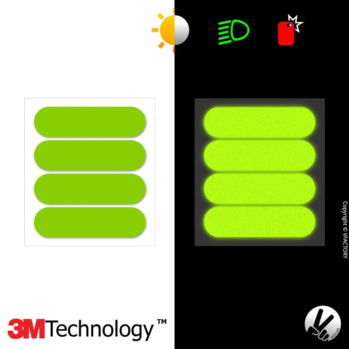 VFLUO Retro Reflective Green Stripes Helmet Stickers Kit | High Visibility 3M Technology - view 2